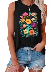 Close-up of black sleeveless floral tank top with vibrant sunflower and daisy patterns