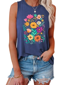 Detailed close-up of pink and yellow floral print on navy blue sleeveless summer tank top