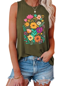 Detail of olive green sleeveless top featuring vibrant floral print and relaxed fit