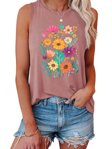 Detail of floral printed pink sleeveless vest top with sunflowers and purple daisies