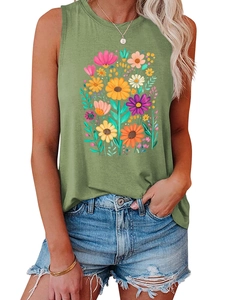 Detail of olive green sleeveless top with vibrant floral print and round neckline