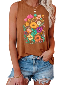 Detail of floral print sleeveless tank top with sunflowers and daisies for women