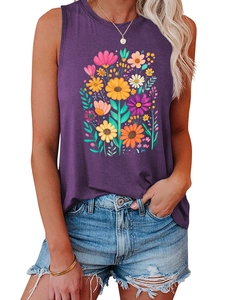 Detail view of purple sleeveless top with colorful sunflower print and round neckline
