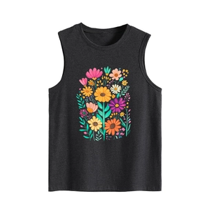 Close-up of colorful floral print on black sleeveless tank top with knit fabric detail