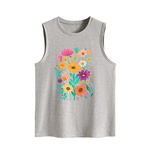 Detailed close-up of vibrant floral print on casual grey sleeveless cotton vest top