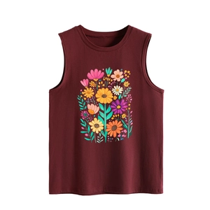 Close-up of a burgundy sleeveless tank top with colorful sunflower and floral print