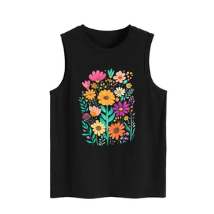 Close-up of bohemian floral illustration on a black sleeveless tank top for women
