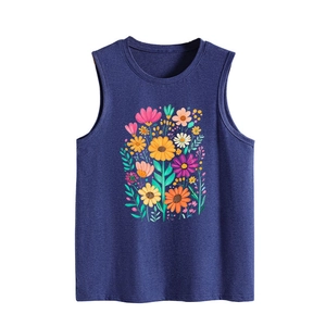 Detailed view of floral prints on navy blue sleeveless tank top with round neckline
