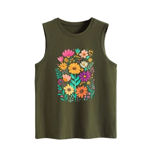 Detailed close-up of vibrant floral print on dark olive green sleeveless casual tank top