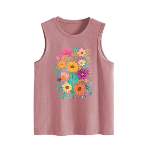 Close-up of pink crew neck tank top featuring colorful summer floral prints and sunflower