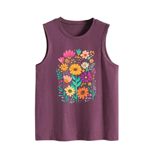 Close-up of vibrant floral print and textured fabric on purple sleeveless tank top