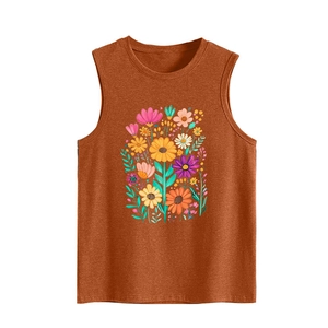 Detailed close-up of orange floral sleeveless vest with vibrant colorful flower print
