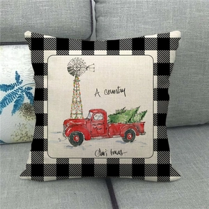 Federa natalizia in lino con camion rosso e mulino su sfondo a quadri bianchi e neri