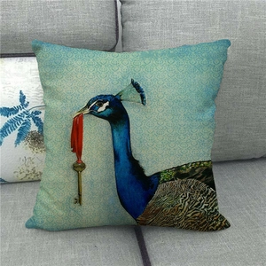 Detail of Success peacock linen pillowcase showing key print and textile texture