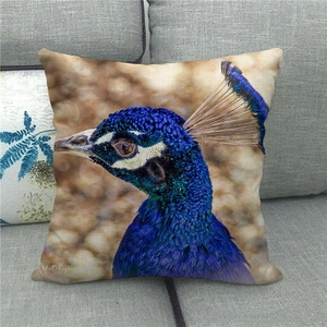 Detail of artistic peacock face print on linen pillowcase by artist Will Wagner