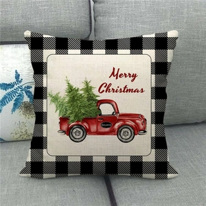 Dettaglio federa in lino Merry Christmas con camion rosso e alberi di Natale