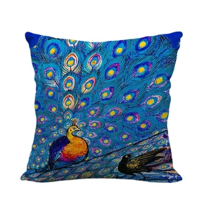 Housse de coussin en lin avec imprimé plume de paon artistique bleu et jaune