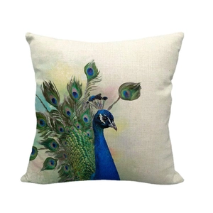 Peacock head printed linen decorative throw pillow case with vibrant teal blue pattern