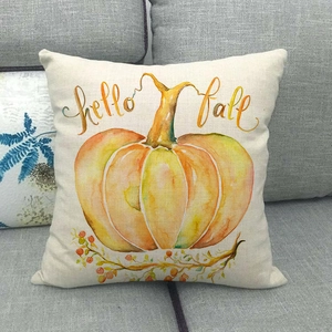 Close-up of Hello Fall pumpkin design on natural linen square pillow cover decoration