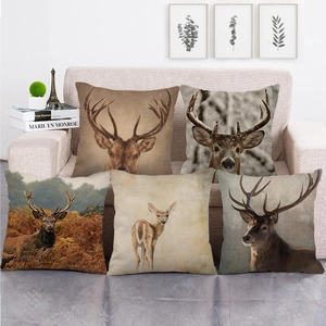 Housse de Coussin en Lin Vintage Motif Élan Cerf Faune Sauvage Carrée Décorative pour Canapé Salon Maison
