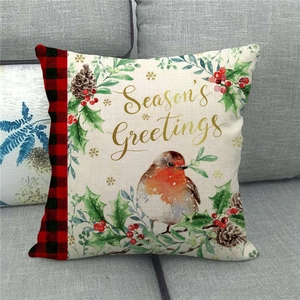 Christmas robin watercolor linen pillowcase with red black plaid border on sofa