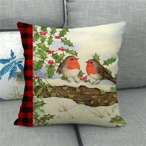 Christmas pillowcase with watercolor birds on snow branches and red buffalo plaid accent