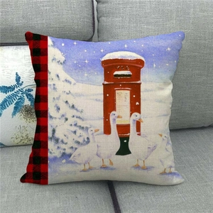 Detailed texture of linen pillowcase with watercolor geese and red mailbox design