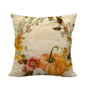 Linen fall pillow cover with pumpkin and floral wreath print for autumn home decor