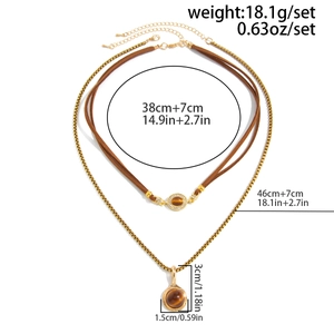 Detail view of tiger eye stone layered necklaces with specific chain length measurements
