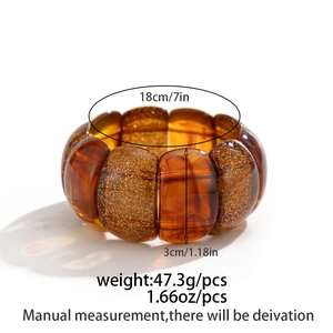 Amber resin elastic bracelet with gold glitter flakes, 3cm width and 18cm inner diameter