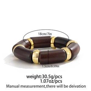 Detail view of chunky chocolate brown and gold stretch bracelet with size measurements