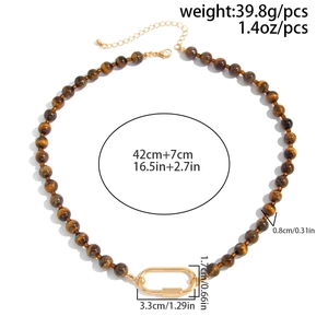 Tiger eye stone necklace with gold clasp showing detailed dimensions and measurements