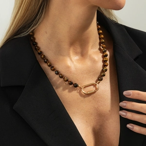 Retro Tiger Eye beaded necklace with a polished gold oval carabiner clasp for women