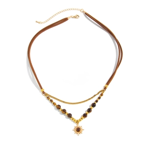 Bohemian multilayer necklace with tiger eye beads and sunburst starburst pendant