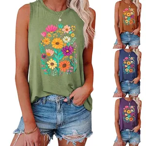 Women Tank Top Cotton Blend Round Neck Colorful Floral Print Loose Fit Sleeveless Summer Casual Fashion Daily Wear
