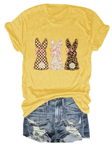 Detailed view of yellow T-shirt featuring three bunny prints and denim shorts set