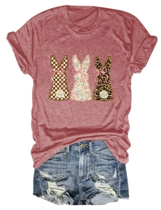 Detail of bunny prints in floral and leopard patterns on short sleeve t-shirt