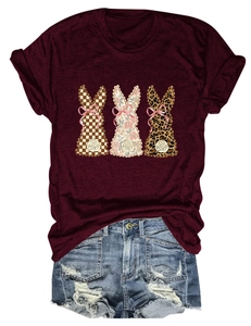 Detail of Easter bunny graphic tee with plaid floral leopard prints and cuffed sleeves