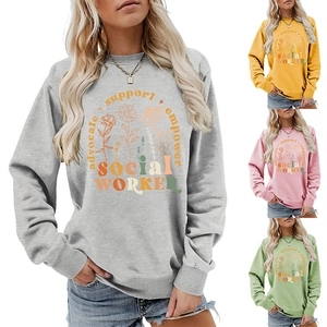 Detail view of social worker sweatshirt designs in grey, yellow, pink and green options