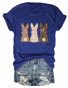 Detail of navy blue t-shirt with three bunny prints and distressed denim shorts