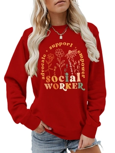 Detail of red crewneck sweatshirt with Advocate Support Empower floral graphic