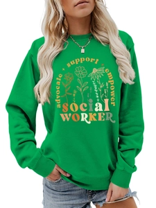Detail of green social worker sweatshirt showing ribbed cuffs and floral graphic print