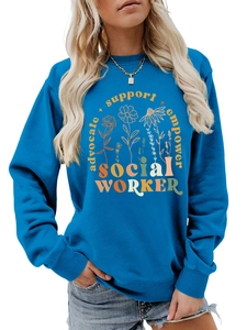 Detail of blue cotton sweatshirt with floral social worker empower graphic design