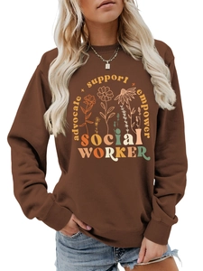 Detail shot of advocate support empower graphic print on dark brown social worker sweatshirt