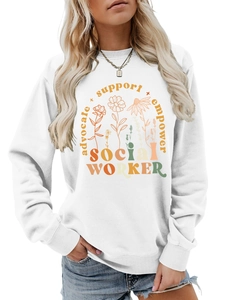Close-up of Advocate Support Empower floral print on white crewneck sweatshirt