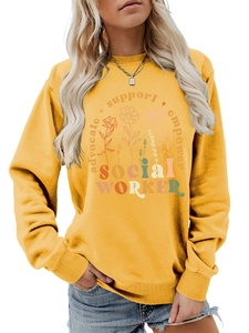 Front detail of bright yellow sweatshirt with Advocate Support Empower slogan and floral art