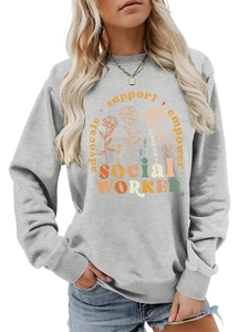 Detail of light grey sweatshirt featuring advocate support empower floral print and ribbing