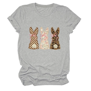 Detail of grey crewneck T-shirt showing cute rabbit prints in plaid, floral, and leopard motifs