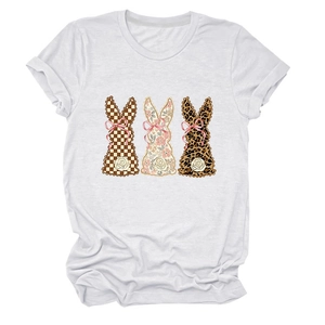 Close-up of white T-shirt featuring rabbit prints with floral, leopard and plaid patterns