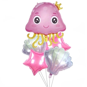 Pink jellyfish and shell foil balloon set for ocean themed birthday party decor